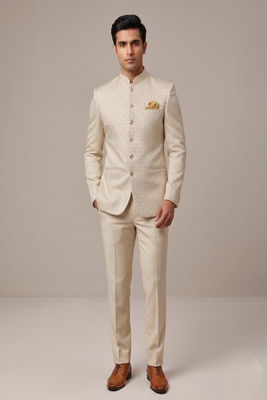 Light gold bandhgala on jacquard fabric 2