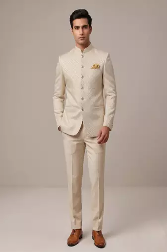 Light gold bandhgala on jacquard fabric