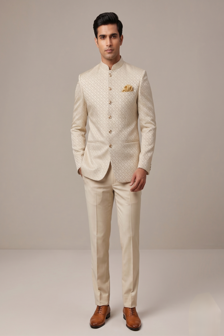 Light gold bandhgala on jacquard fabric