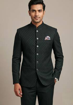 Bottle green bandhgala on jacquard fabric 1