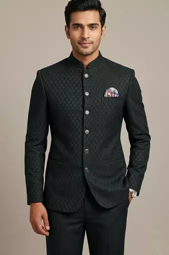 Bottle green bandhgala on jacquard fabric
