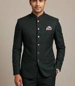 Bottle green bandhgala on jacquard fabric