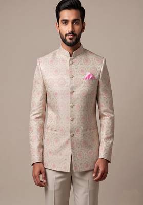 Light gold bandhgala on jacquard fabric 1