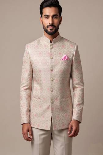 Light gold bandhgala on jacquard fabric