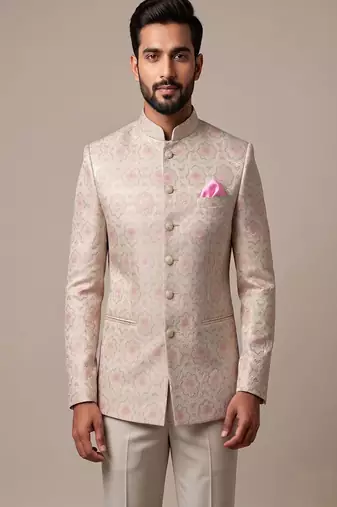 Light gold bandhgala on jacquard fabric