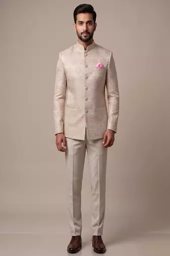 Light gold bandhgala on jacquard fabric
