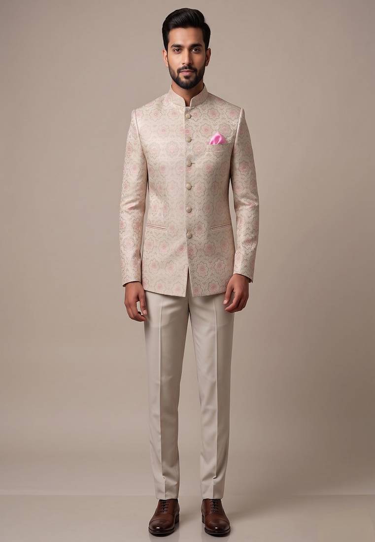 Light gold bandhgala on jacquard fabric
