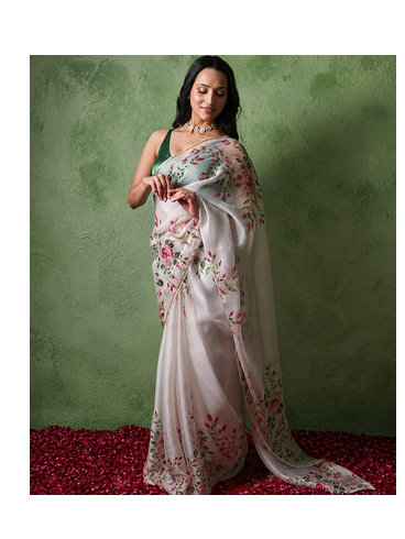 white floral print with beads, sequins and katdana hand silk saree 1
