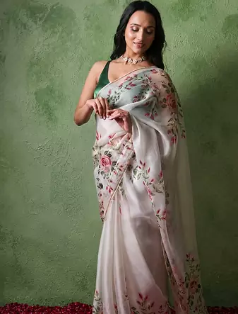 white floral print with beads, sequins and katdana hand silk saree