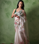 white floral print with beads, sequins and katdana hand silk saree