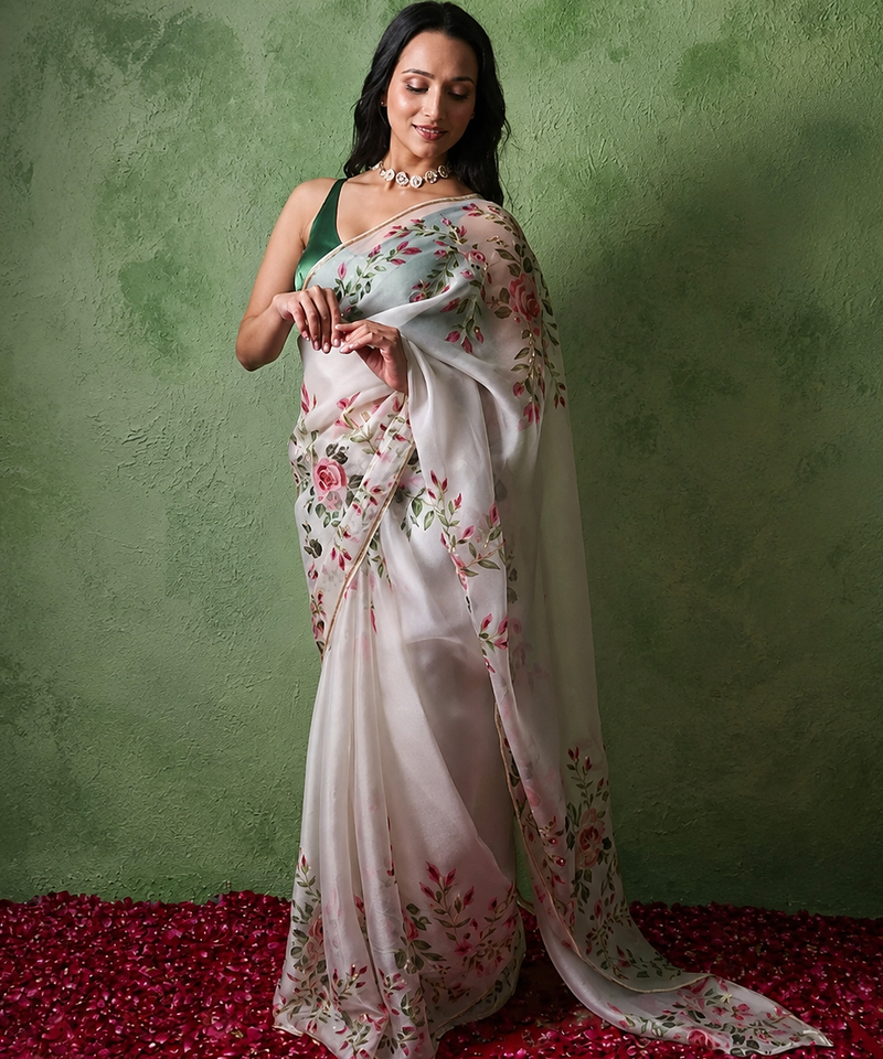white floral print with beads, sequins and katdana hand silk saree