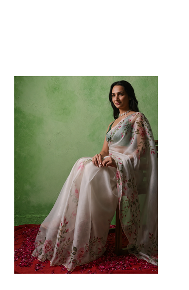 white floral print with beads, sequins and katdana hand silk saree 2