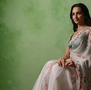 white floral print with beads, sequins and katdana hand silk saree