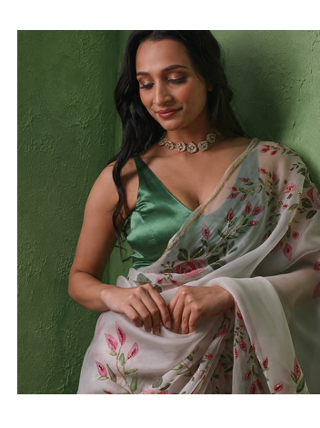 white floral print with beads, sequins and katdana hand silk saree 3