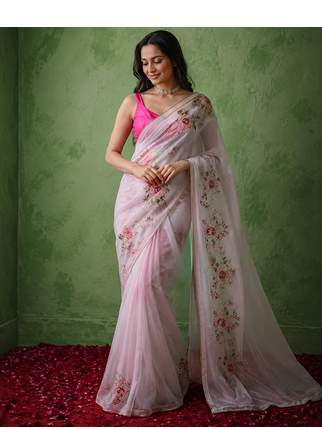 baby pink floral print with beads, sequins and katdana hand silk saree 1