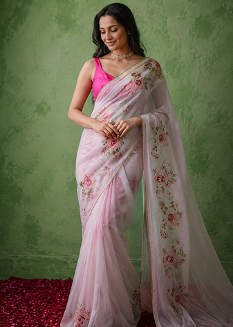 baby pink floral print with beads, sequins and katdana hand silk saree