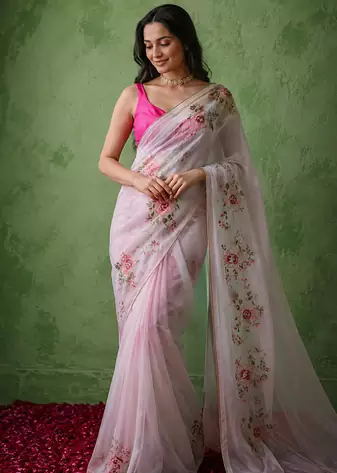 baby pink floral print with beads, sequins and katdana hand silk saree