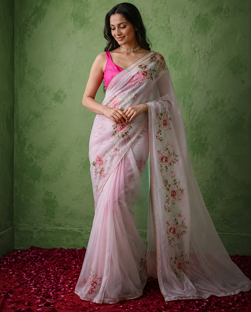 baby pink floral print with beads, sequins and katdana hand silk saree