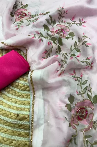 baby pink floral print with beads, sequins and katdana hand silk saree