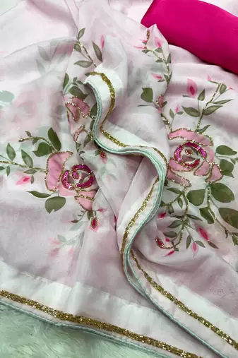 baby pink floral print with beads, sequins and katdana hand silk saree