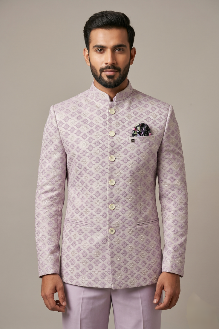 Light lavender bandhgala on jacquard fabric