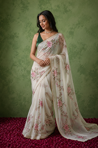 white floral print with beads, sequins and katdana hand silk saree