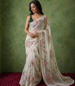 white floral print with beads, sequins and katdana hand silk saree