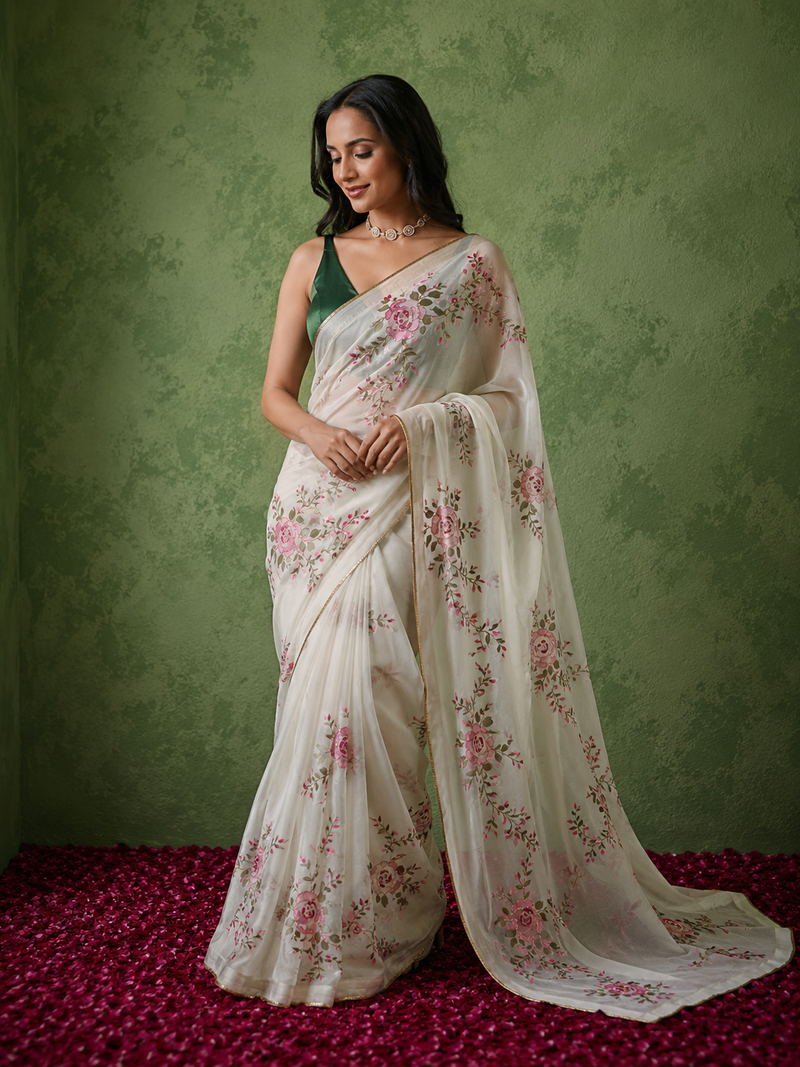 white floral print with beads, sequins and katdana hand silk saree