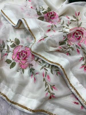 white floral print with beads, sequins and katdana hand silk saree 2