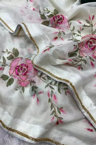 white floral print with beads, sequins and katdana hand silk saree