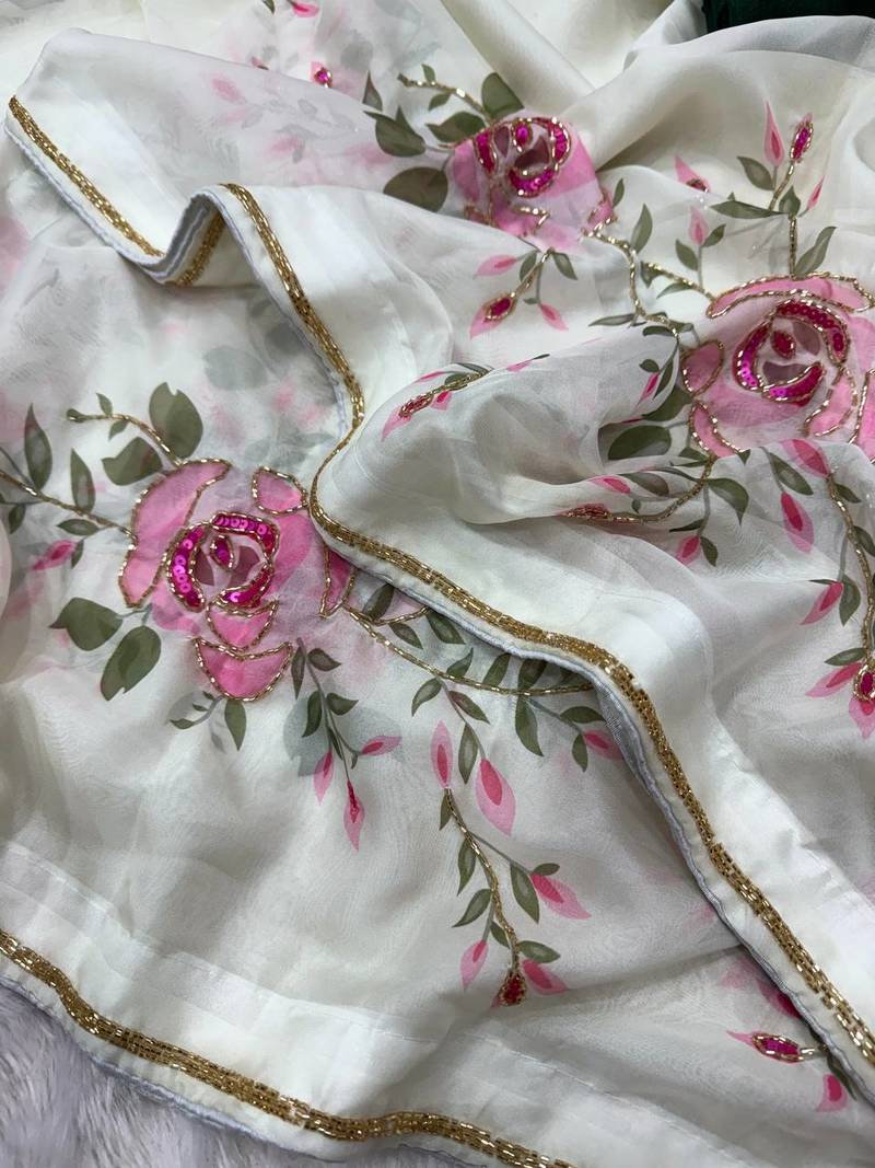 white floral print with beads, sequins and katdana hand silk saree