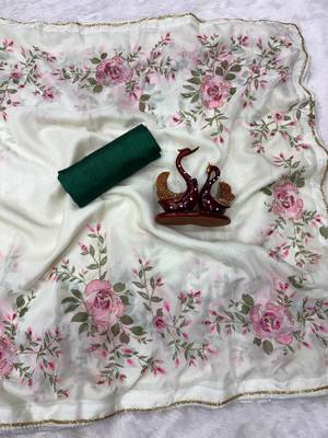 white floral print with beads, sequins and katdana hand silk saree 3