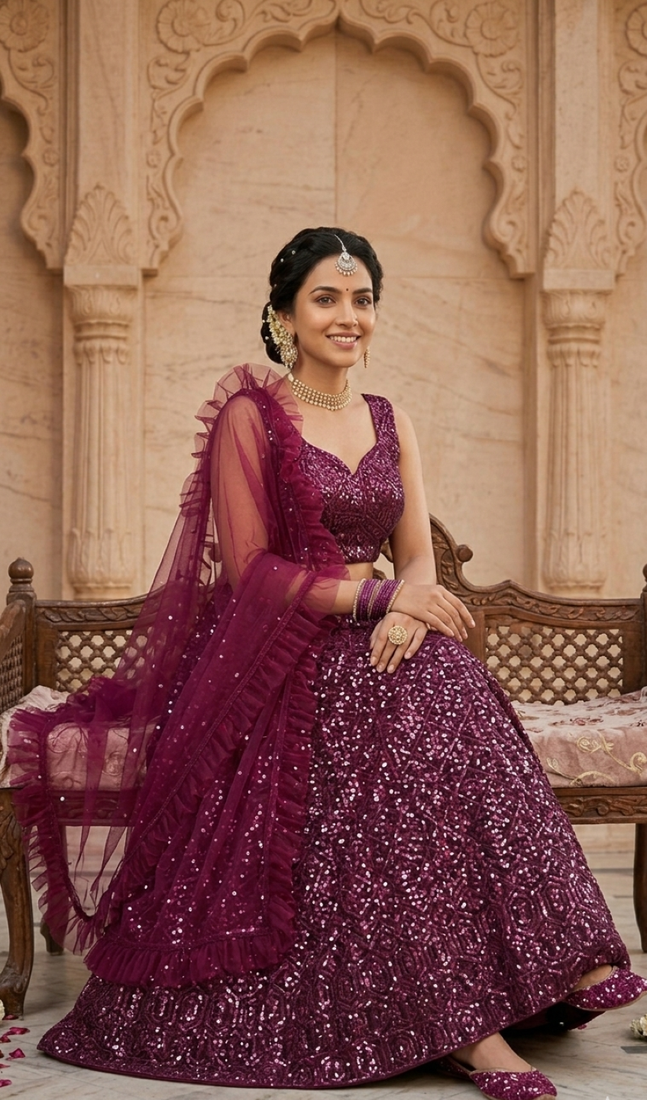Gold Crush Lehenga Choli Dupatta Set for Women – Sequins & Zari Embroidered Party Wear