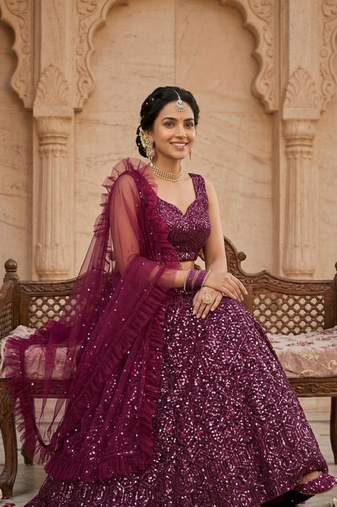 Gold Crush Lehenga Choli Dupatta Set for Women – Sequins & Zari Embroidered Party Wear