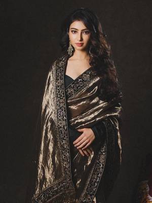 olive sequance and zari embroidery with fancy lace border silk saree 1