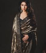 olive sequance and zari embroidery with fancy lace border silk saree