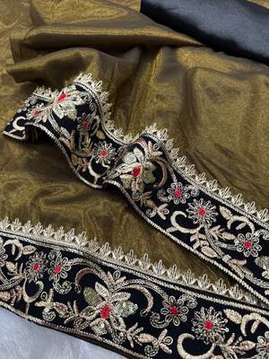 olive sequance and zari embroidery with fancy lace border silk saree 2