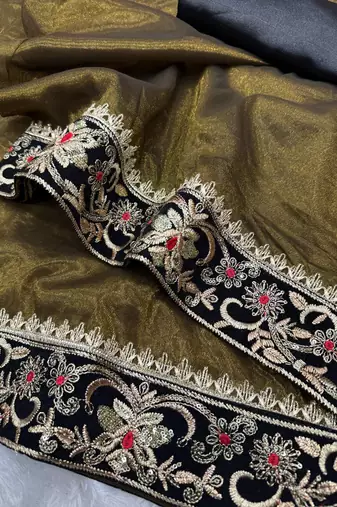 olive sequance and zari embroidery with fancy lace border silk saree