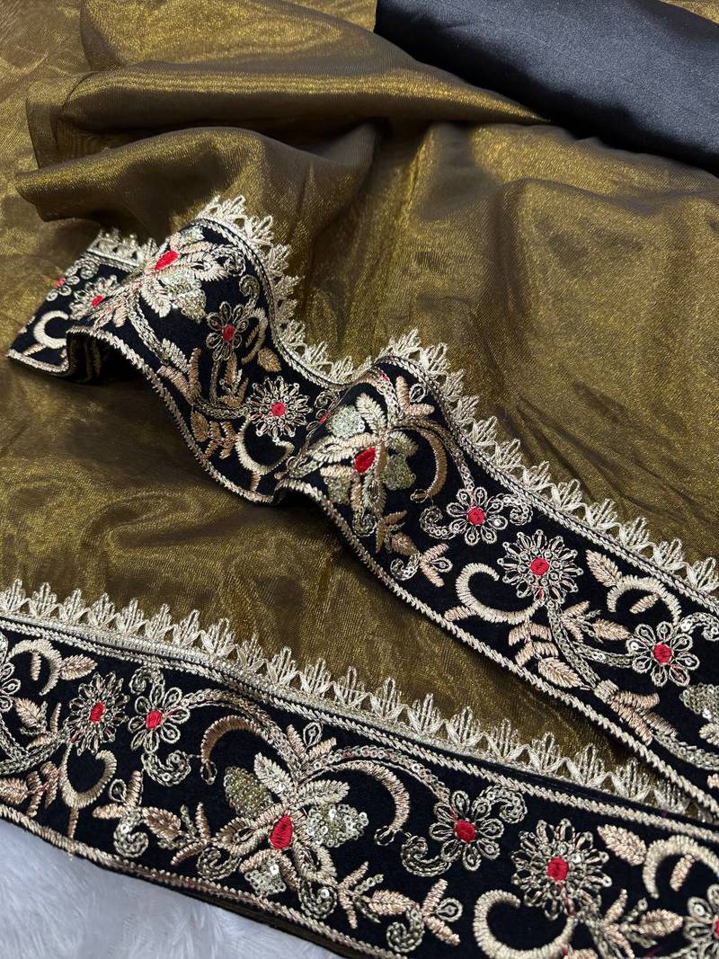 olive sequance and zari embroidery with fancy lace border silk saree