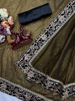 olive sequance and zari embroidery with fancy lace border silk saree 3