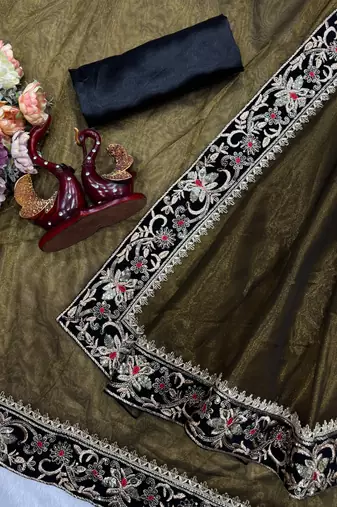 olive sequance and zari embroidery with fancy lace border silk saree