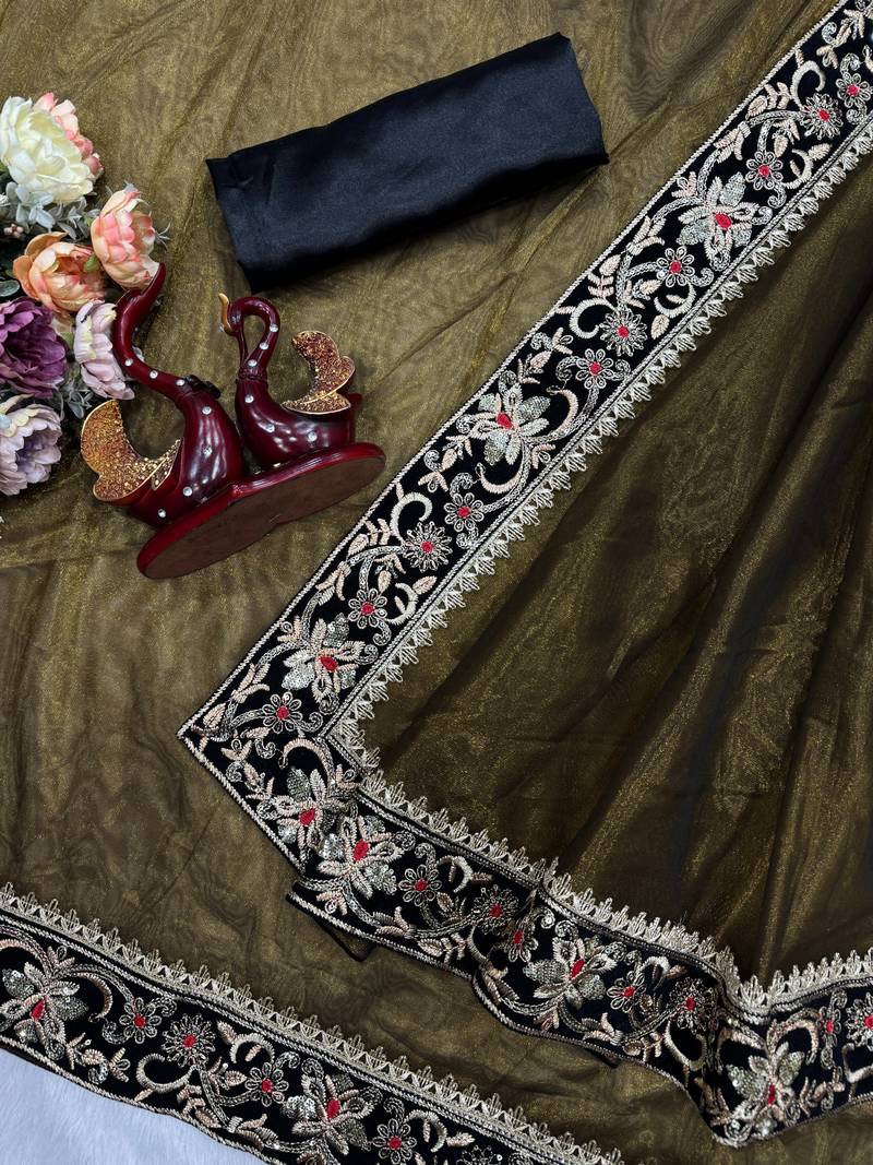 olive sequance and zari embroidery with fancy lace border silk saree