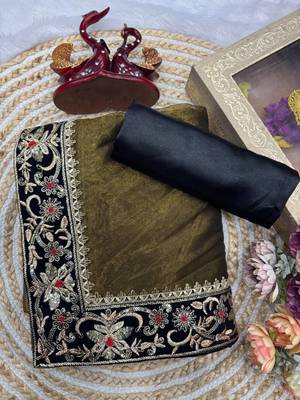 olive sequance and zari embroidery with fancy lace border silk saree 4