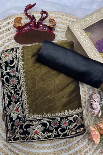 olive sequance and zari embroidery with fancy lace border silk saree