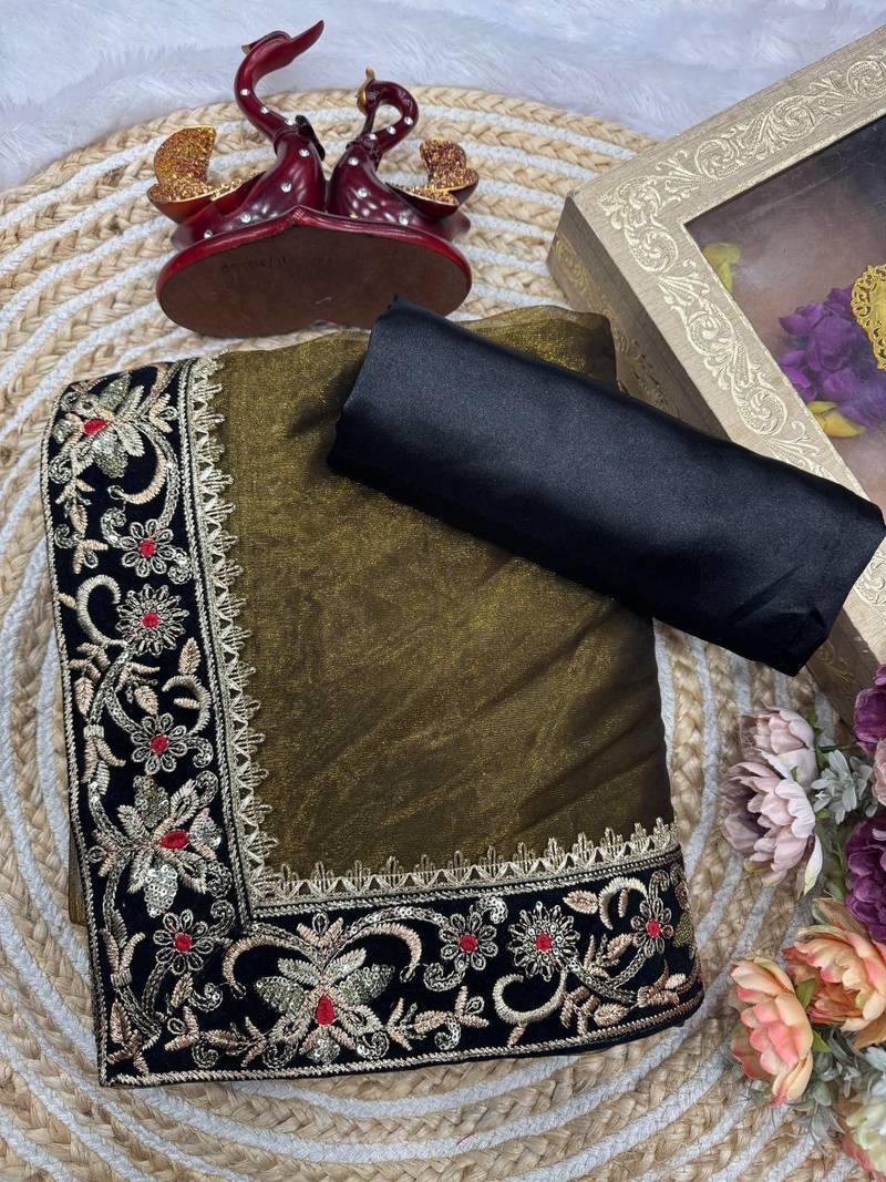 olive sequance and zari embroidery with fancy lace border silk saree