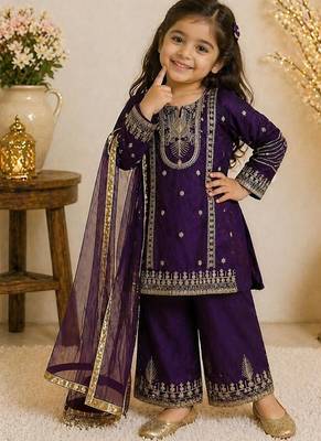 Purple embroidered sequence work fendy silk kids kurta set 1