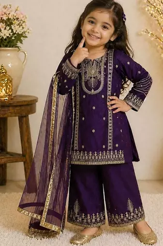 Purple embroidered sequence work fendy silk kids kurta set