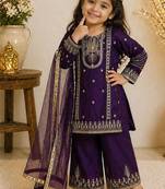 Purple embroidered sequence work fendy silk kids kurta set