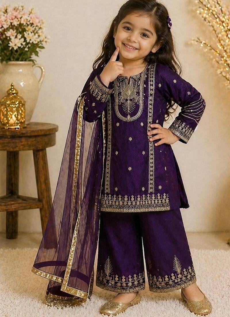 Purple embroidered sequence work fendy silk kids kurta set