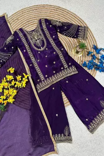 Purple embroidered sequence work fendy silk kids kurta set